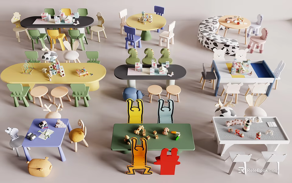 Colorful Kids Table and Chair Sets with Various Designs for Children's Play and Study 3d model 