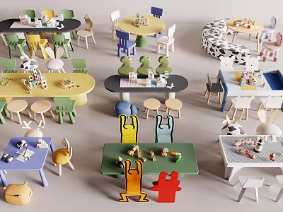 Colorful Kids Table and Chair Sets with Various Designs for Children's Play and Study 3d model