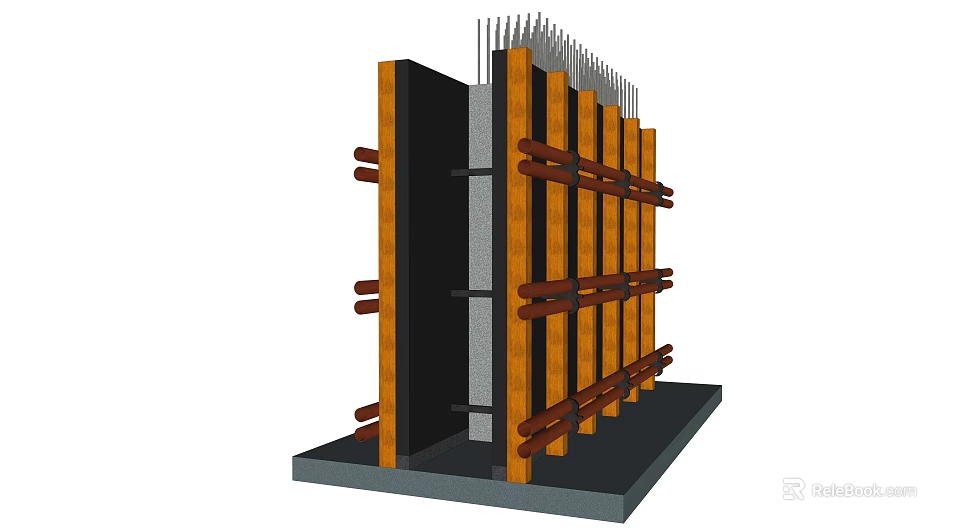 Building Component Structure Featuring Wooden Formwork Steel Supports And Reinforcement Bars 3d model