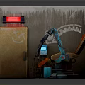 Industrial Recliner Chair With Robotic Arm Graffiti Wall And Damp Floor Setting
