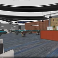 Modern Billiard Room Interior With Tables Lighting Bar Counter Blue Gray Carpet And Comfortable Seating
