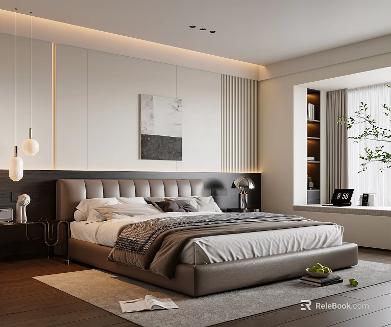 Modern Bedroom Interior Design With Large Bed Headboard Pendant Lights And Decorative Wall Art 3d model 