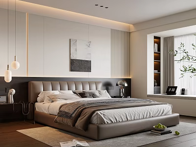 Modern Bedroom Interior Design With Large Bed Headboard Pendant Lights And Decorative Wall Art 3d model