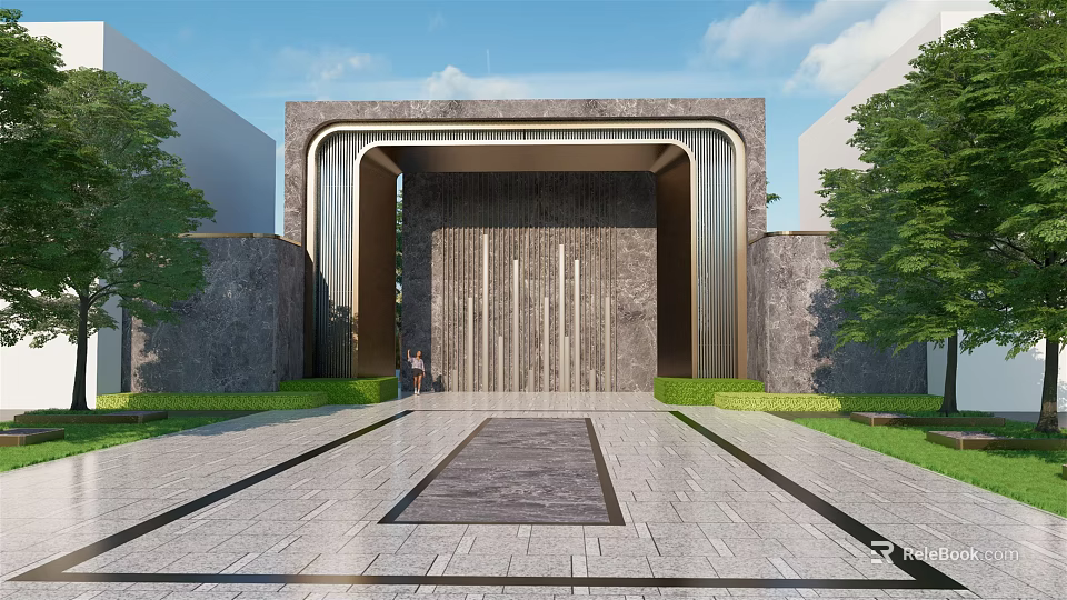 Grand Modern Entrance Gate Design With Stone Metal Structure And Green Plants 3d model 