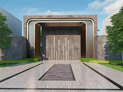Grand Modern Entrance Gate Design With Stone Metal Structure And Green Plants 3d model