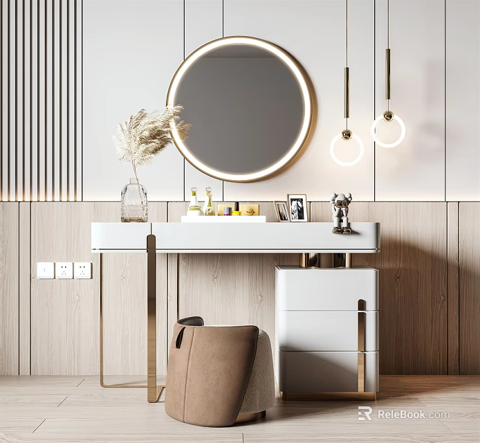 Modern Dressing Table with Round Backlit Mirror Gold Accents Pendant Lights and Vanity Essentials 3d model 