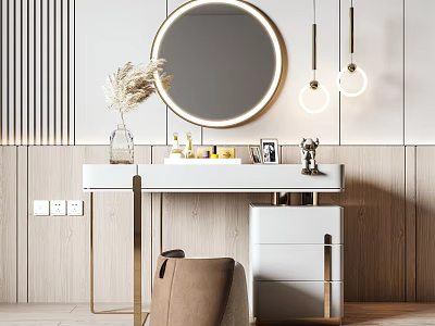 Modern Dressing Table with Round Backlit Mirror Gold Accents Pendant Lights and Vanity Essentials 3d model