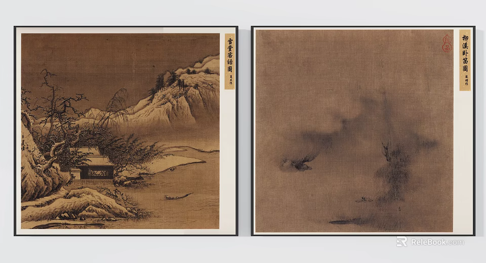 Traditional Chinese Landscape Paintings With Mountains Rivers And Cottages 3d model 