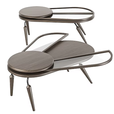 Modern Coffee Table With Round Wooden Tops Metal Legs And Glass Shelf Design 3d model