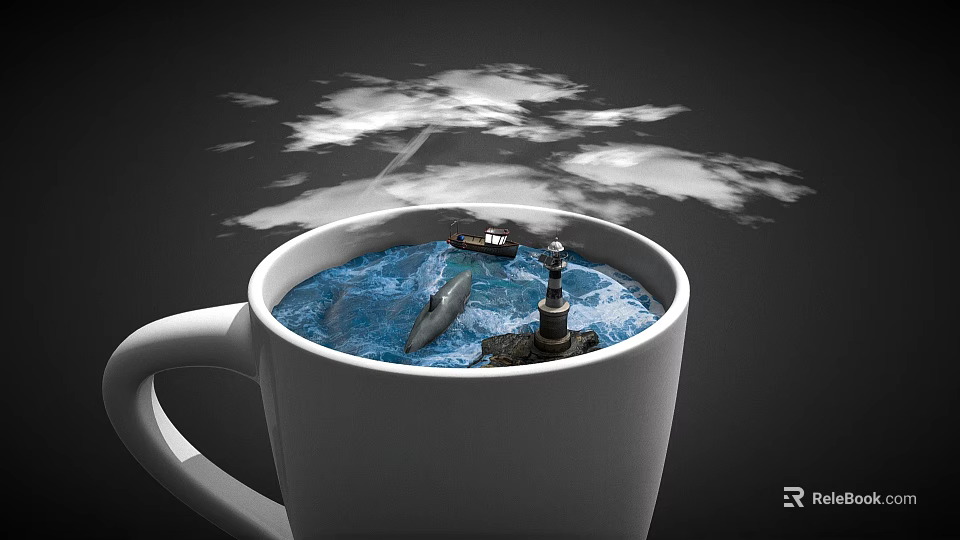 Cartoon Scene Inside White Cup With Blue Ocean Small Boat Dolphin And Lighthouse Under Clouds 3d model 