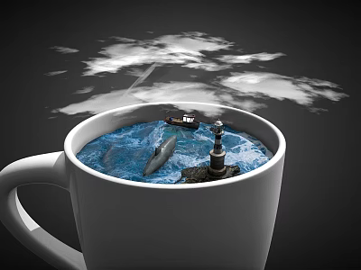 Cartoon Scene Inside White Cup With Blue Ocean Small Boat Dolphin And Lighthouse Under Clouds 3d model