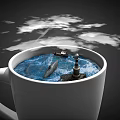 Cartoon Scene Inside White Cup With Blue Ocean Small Boat Dolphin And Lighthouse Under Clouds
