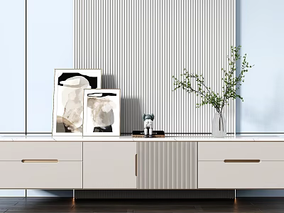Modern Light Colored TV Stand With Picture Frames Vase Green Plant And Vertical Striped Wall 3d model