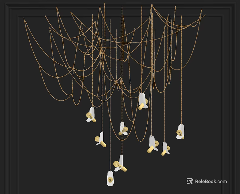 Unique Modern Chandelier With Golden Hanging Chains And White Decorative Shades Against Dark Background 3d model 