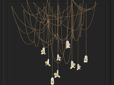 Unique Modern Chandelier With Golden Hanging Chains And White Decorative Shades Against Dark Background 3d model