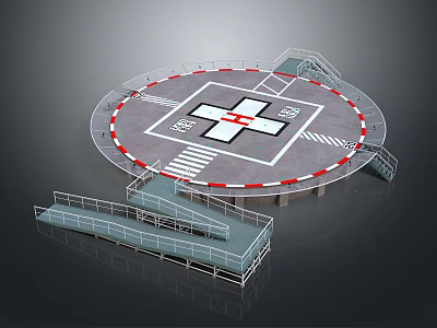 Circular Helicopter Landing Pad With Central Cross Symbol Red White Edges Stairs And Railings 3d model