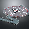 Circular Helicopter Landing Pad With Central Cross Symbol Red White Edges Stairs And Railings