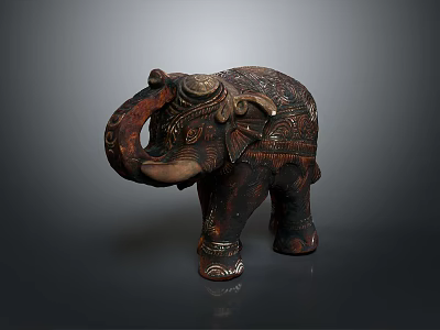 Vintage Wooden Hand Carved Elephant Statue with Intricate Patterns and Ornate Details 3d model
