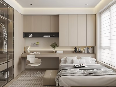 Modern Minimalist Tatami Bedroom Interior With Sliding Wardrobe Desk Chair Window Blinds And Storage Cabinets 3d model