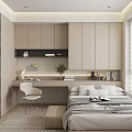Modern Minimalist Tatami Bedroom Interior With Sliding Wardrobe Desk Chair Window Blinds And Storage Cabinets