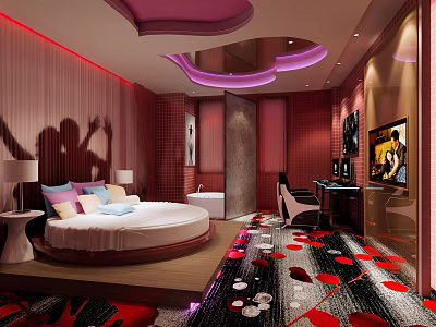 Hotel Room Interior With Round Bed Pink Red Tones Decorative Walls And Patterned Carpet 3d model