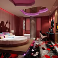 Hotel Room Interior With Round Bed Pink Red Tones Decorative Walls And Patterned Carpet
