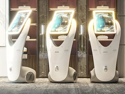Three White Smart Robots With Digital Screens In Modern Interior Lighting 3d model