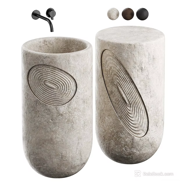 Rough Textured Concrete Cylindrical Washbasins With Concentric Circle Patterns For Modern Bathrooms 3d model 