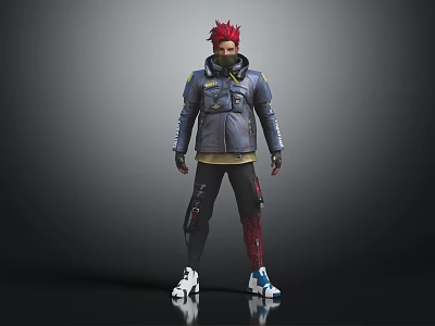 Red Haired Character Wearing Blue Jacket Black Pants and White Sneakers on Gray Background 3d model