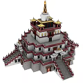 Traditional Ancient Architecture With Multi Tiered Structure Red White Walls And Golden Spire