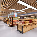 Modern Supermarket Corridor Design With Recycling Bin And Wooden Elements 3d model
