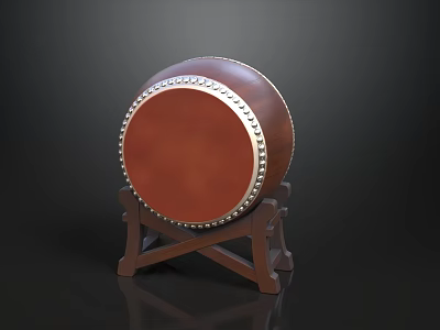 Traditional Brown Wooden Drum with Silver Nails on Dark Stand 3d model