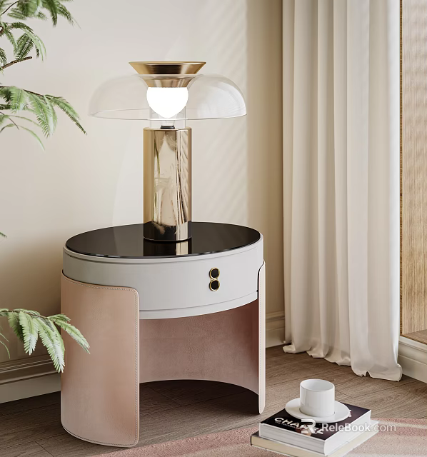Modern Bedside Table With Black Top Gold Lamp And Green Plant In Bedroom 3d model 
