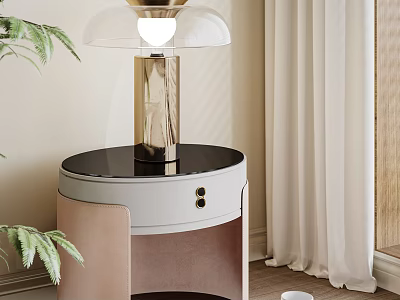 Modern Bedside Table With Black Top Gold Lamp And Green Plant In Bedroom 3d model