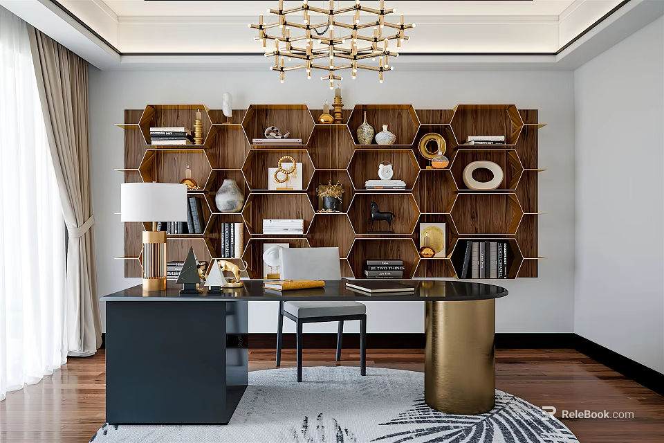 Modern Study Room Interior With Hexagonal Wooden Bookshelf Desk And Gold Chandelier 3d model 
