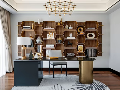Modern Study Room Interior With Hexagonal Wooden Bookshelf Desk And Gold Chandelier 3d model