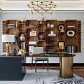 Modern Study Room Interior With Hexagonal Wooden Bookshelf Desk And Gold Chandelier