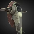 Scifi Vehicle 3D Model With Weathered Beige Red Exterior Round Cockpit And Wing Like Structures