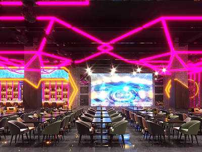 Modern Bar Interior With Pink Neon Lights Large Screen And Seating 3d model