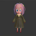 3D Cartoon Character With Pink Hair Green Eyes Gray Dress And Yellow Hair Accessories