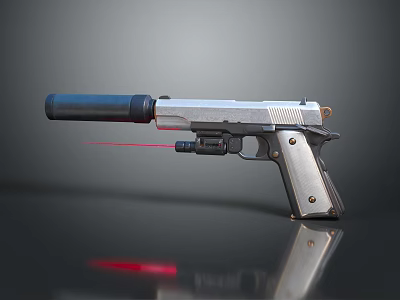 Metallic Tactical Pistol Featuring Silencer Laser Sight And Glossy Surface Reflection 3d model