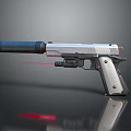 Metallic Tactical Pistol Featuring Silencer Laser Sight And Glossy Surface Reflection