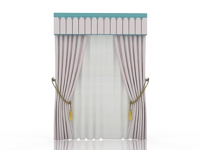 Elegant Curtain Design With Pink Striped Panels Blue Top Valance And White Sheer Layer 3d model
