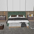 Modern Bedroom Interior With Green Headboard Bed Striped Wall Panels Nightstands Rug And Bench