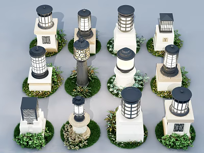 Various Outdoor Lights with Different Designs Sturdy Bases and Decorative Greenery 3d model