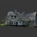 Cartoon Scene Old Wooden House With Gray Roof Broken Windows And Green Plants
