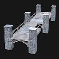 Wooden Bridge Structure With Stone Pillars And Wooden Planks Railings