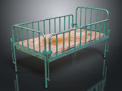 Green Metal Frame Bed With Brown Mattress And Safety Rails 3d model
