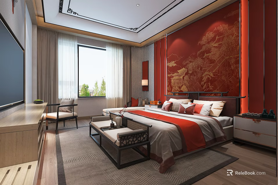 Hotel Guest Room Interior Design With Red Walls Traditional Painting And Modern Decor 3d model 