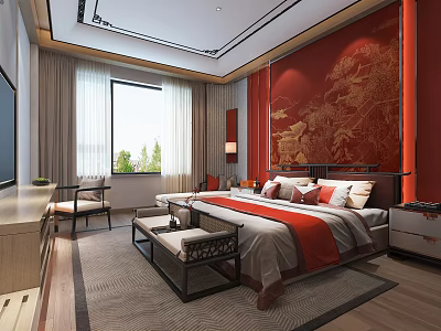 Hotel Guest Room Interior Design With Red Walls Traditional Painting And Modern Decor 3d model